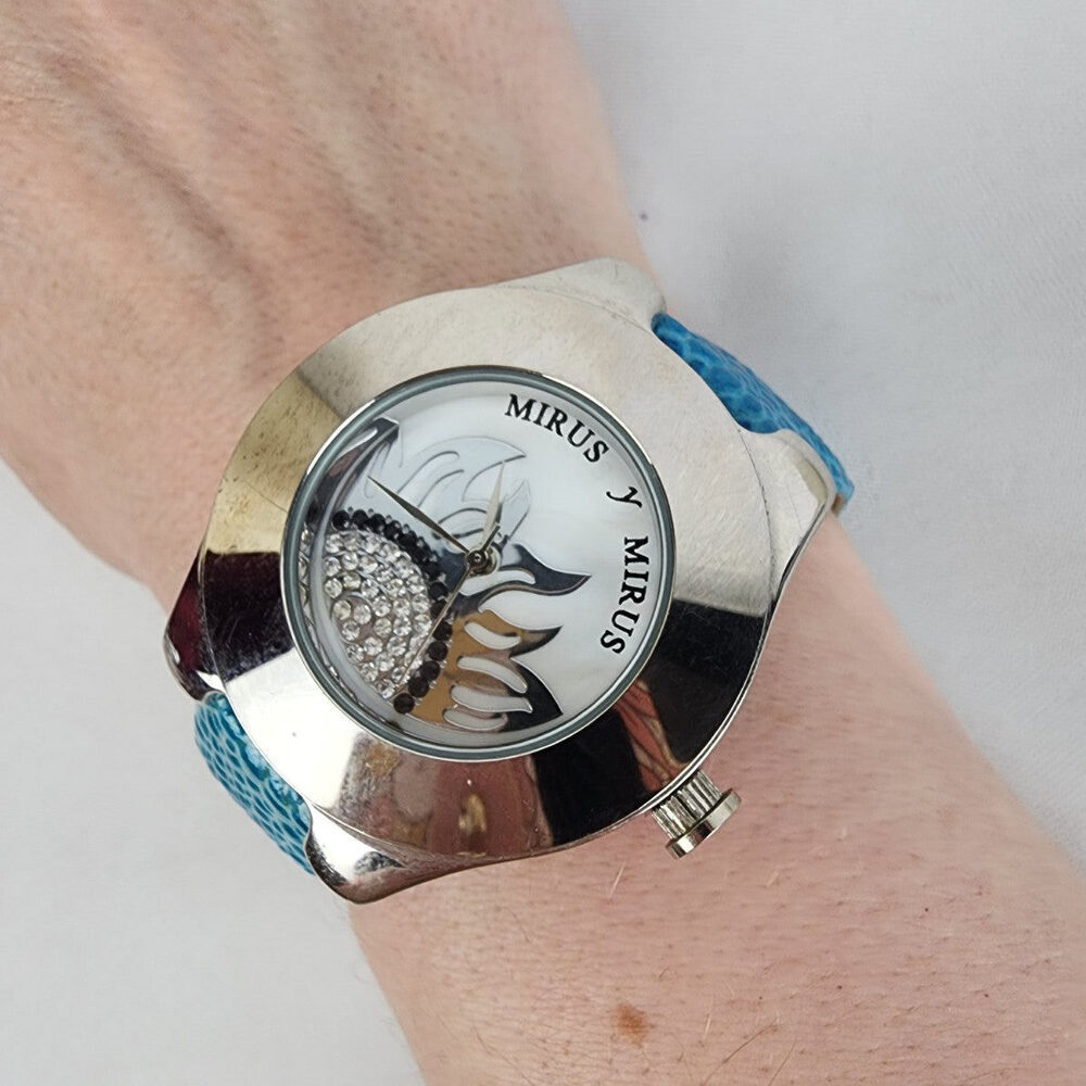 Mirus Blue Leather Band Silver Sunflower Watch